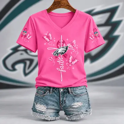 Philadelphia Eagles | Premium NFL Faith Hope Love Breast Cancer V-Neck Shirt TD
