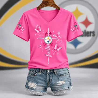 Pittsburgh Steelers | Premium NFL Faith Hope Love Breast Cancer V-Neck Shirt TD