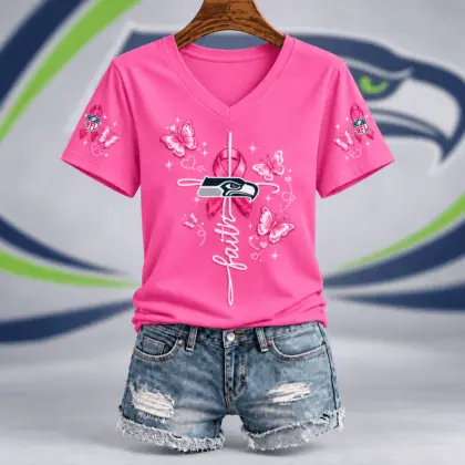 Seattle Seahawks | Premium NFL Faith Hope Love Breast Cancer V-Neck Shirt TD