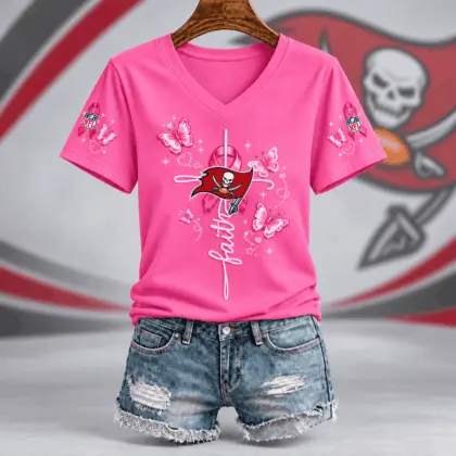 Tampa Bay Buccaneers | Premium NFL Faith Hope Love Breast Cancer V-Neck Shirt TD
