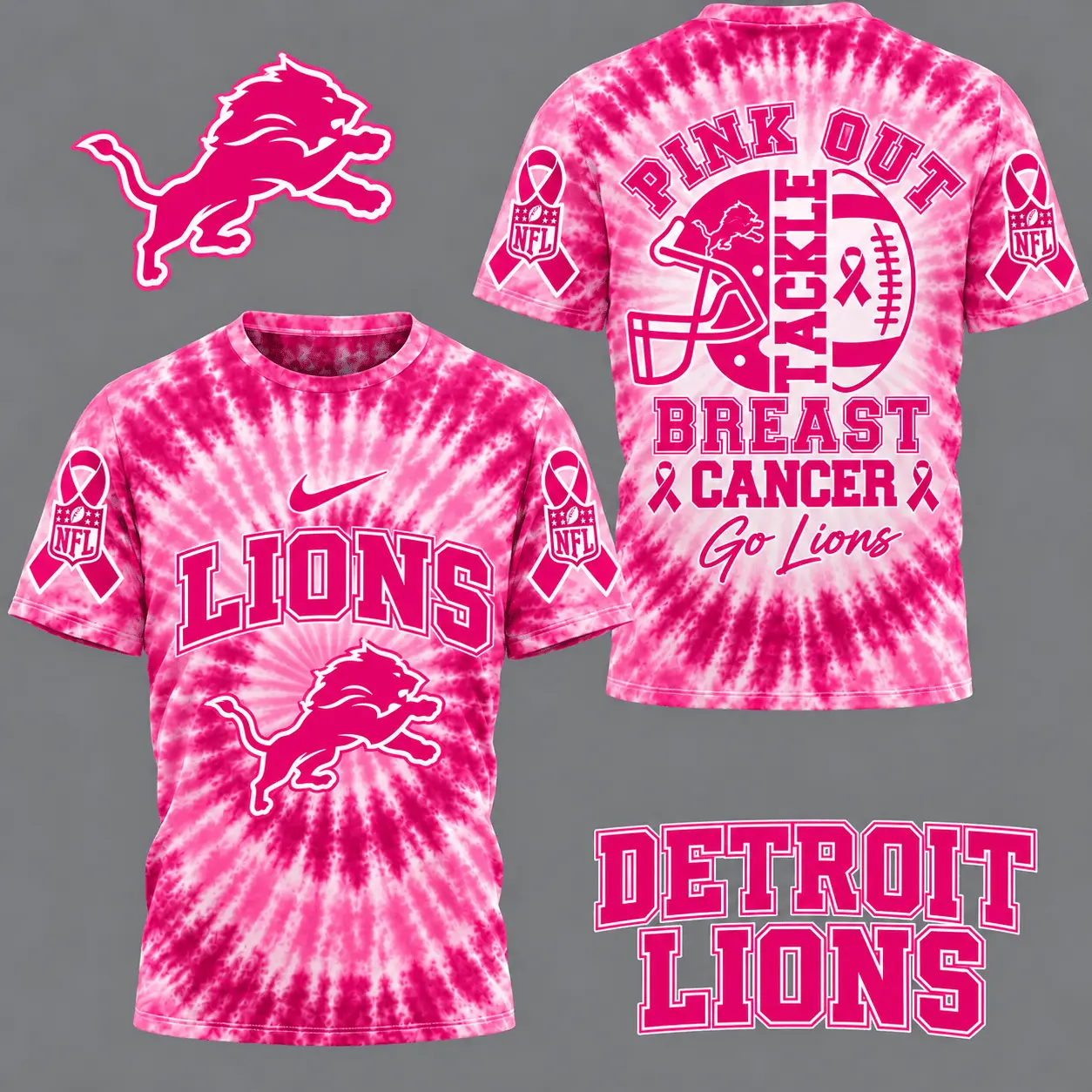 Detroit Lions | Premium NFL Tackle Breast Cancer Pink Tie-Dye T-Shirt TD