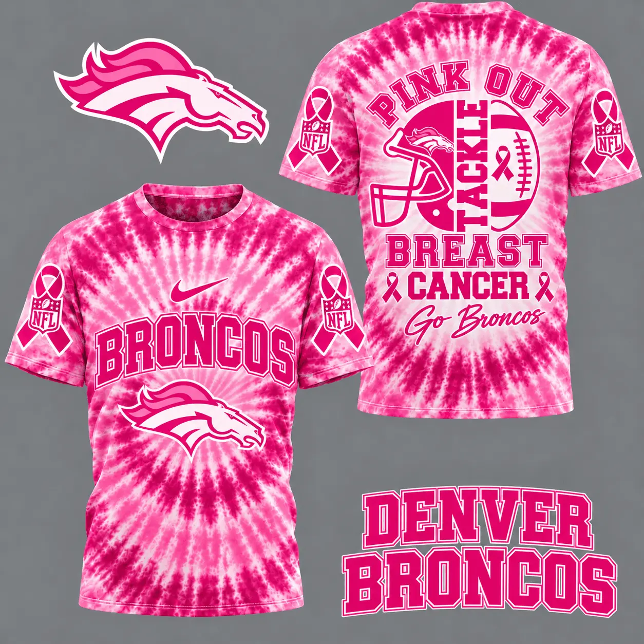 Denver Broncos | Premium NFL Tackle Breast Cancer Pink Tie-Dye T-Shirt TD