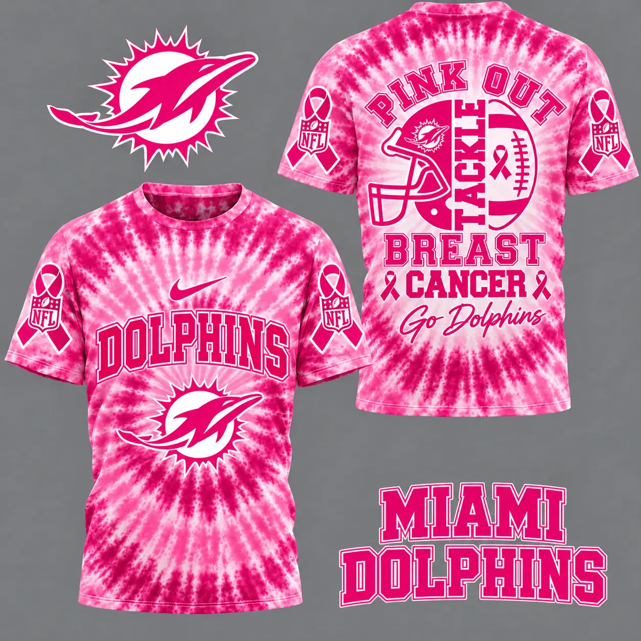 Miami Dolphins | Premium NFL Tackle Breast Cancer Pink Tie-Dye T-Shirt TD