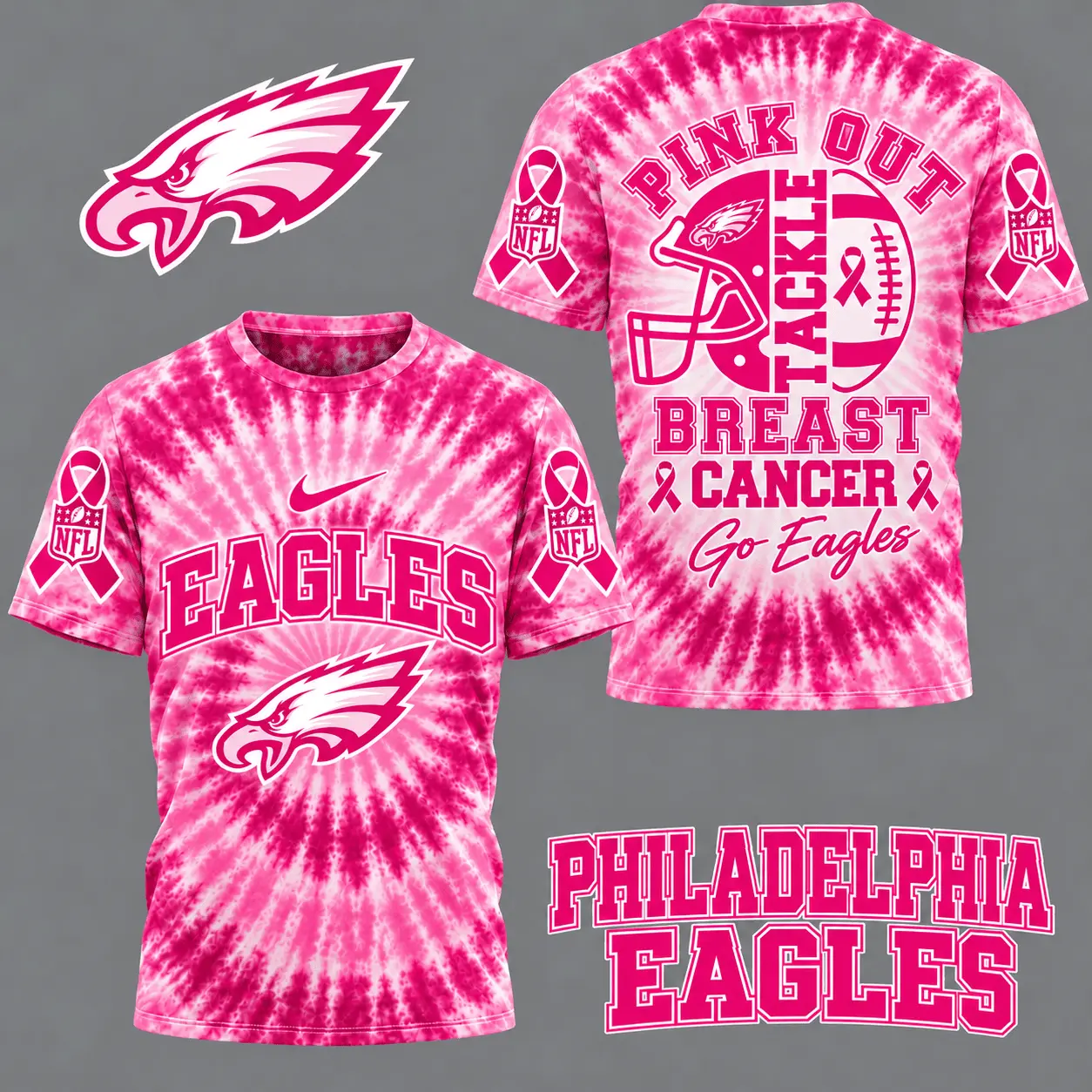 Philadelphia Eagles | Premium NFL Tackle Breast Cancer Pink Tie-Dye T-Shirt TD