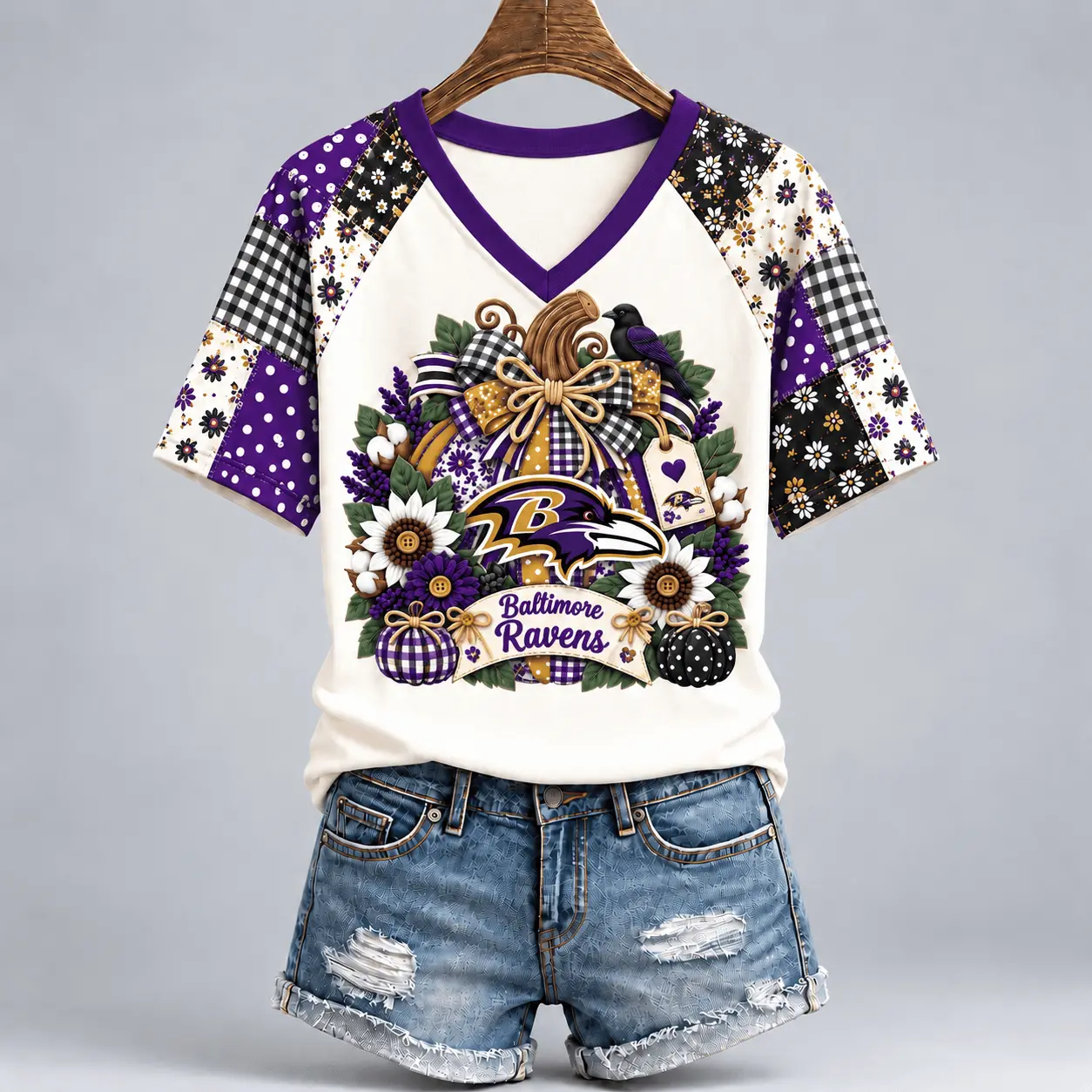 Baltimore Ravens | Premium NFL Rustic Floral Bow & Pumpkin V-Neck TD
