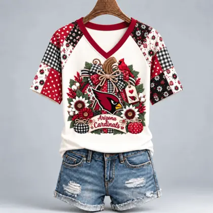 Arizona Cardinals | Premium NFL Rustic Floral Bow & Pumpkin V-Neck TD