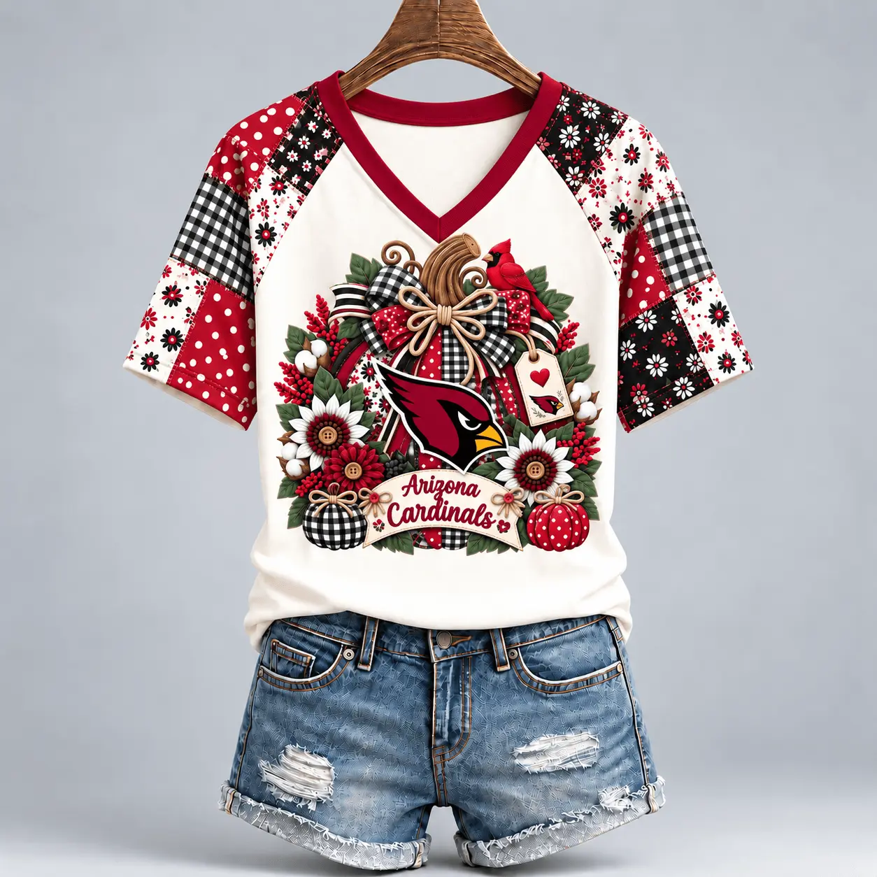 Arizona Cardinals | Premium NFL Rustic Floral Bow & Pumpkin V-Neck TD