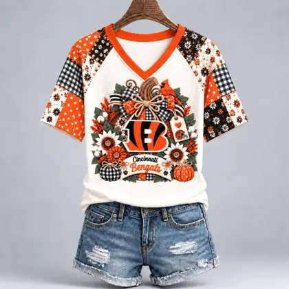 Cincinnati Bengals | Premium NFL Rustic Floral Bow & Pumpkin V-Neck TD