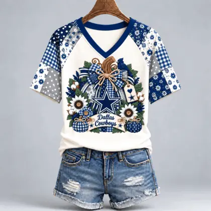 Dallas Cowboys | Premium NFL Rustic Floral Bow & Pumpkin V-Neck TD