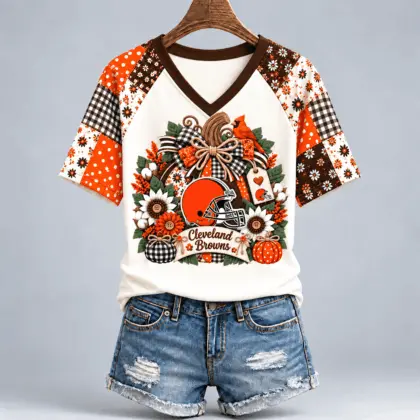 Cleveland Browns | Premium NFL Rustic Floral Bow & Pumpkin V-Neck TD