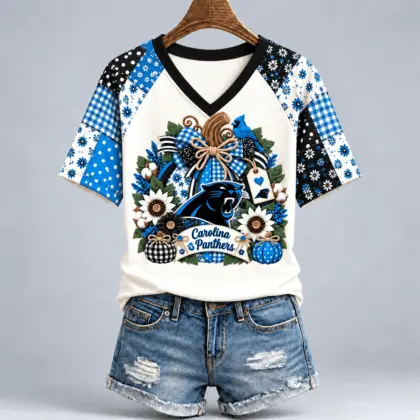 Carolina Panthers | Premium NFL Rustic Floral Bow & Pumpkin V-Neck TD