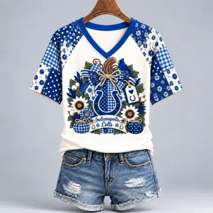 Indianapolis Colts | Premium NFL Rustic Floral Bow & Pumpkin V-Neck TD