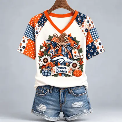 Denver Broncos | Premium NFL Rustic Floral Bow & Pumpkin V-Neck TD