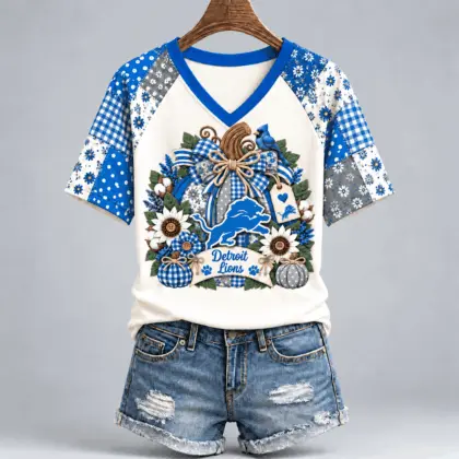Detroit Lions | Premium NFL Rustic Floral Bow & Pumpkin V-Neck TD