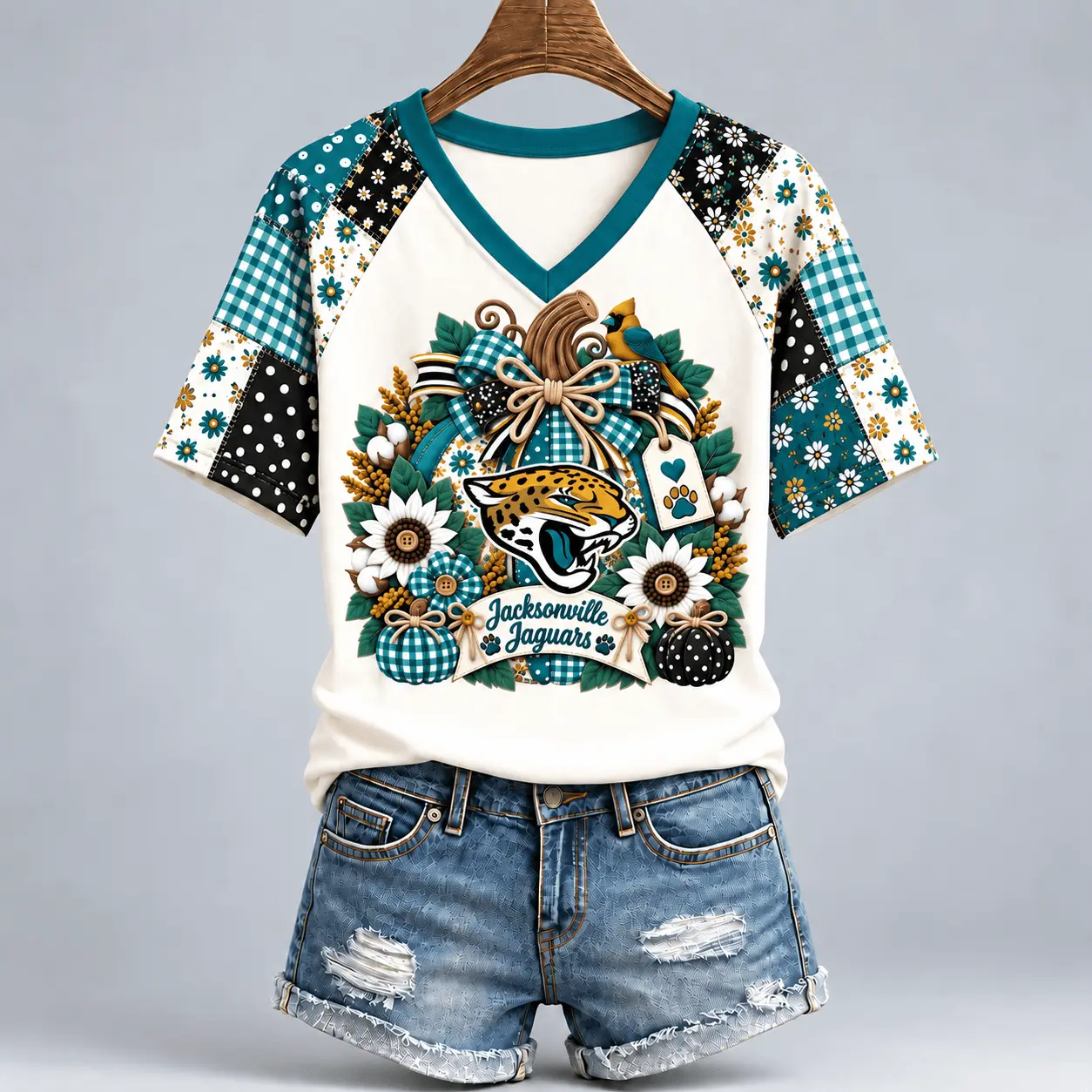 Jacksonville Jaguars | Premium NFL Rustic Floral Bow & Pumpkin V-Neck TD