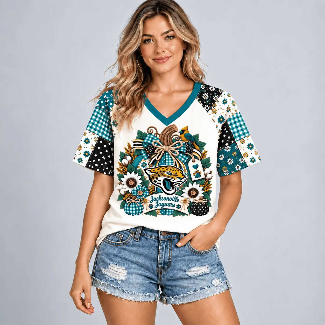 Jacksonville Jaguars | Premium NFL Rustic Floral Bow & Pumpkin V-Neck TD - Image 2