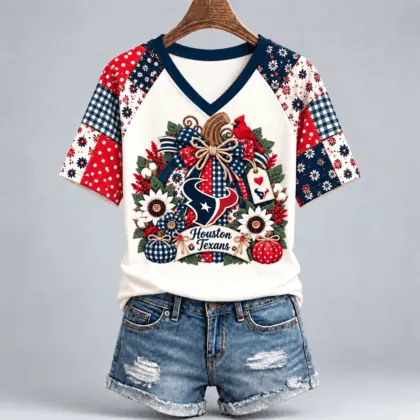 Houston Texans | Premium NFL Rustic Floral Bow & Pumpkin V-Neck TD