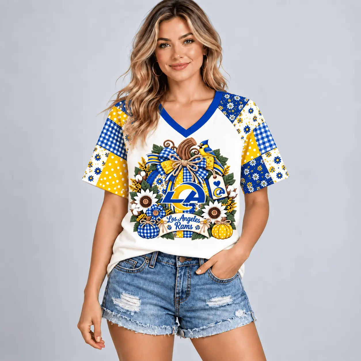 Los Angeles Rams | Premium NFL Rustic Floral Bow & Pumpkin V-Neck TD - Image 2