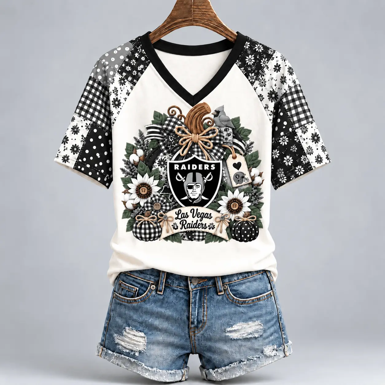 Las Vegas Raiders | Premium NFL Rustic Floral Bow & Pumpkin V-Neck TD