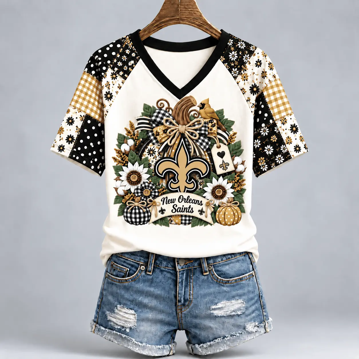 New Orleans Saints | Premium NFL Rustic Floral Bow & Pumpkin V-Neck TD