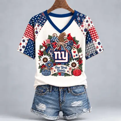 New York Giants | Premium NFL Rustic Floral Bow & Pumpkin V-Neck TD