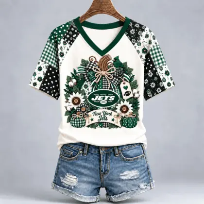 New York Jets | Premium NFL Rustic Floral Bow & Pumpkin V-Neck TD