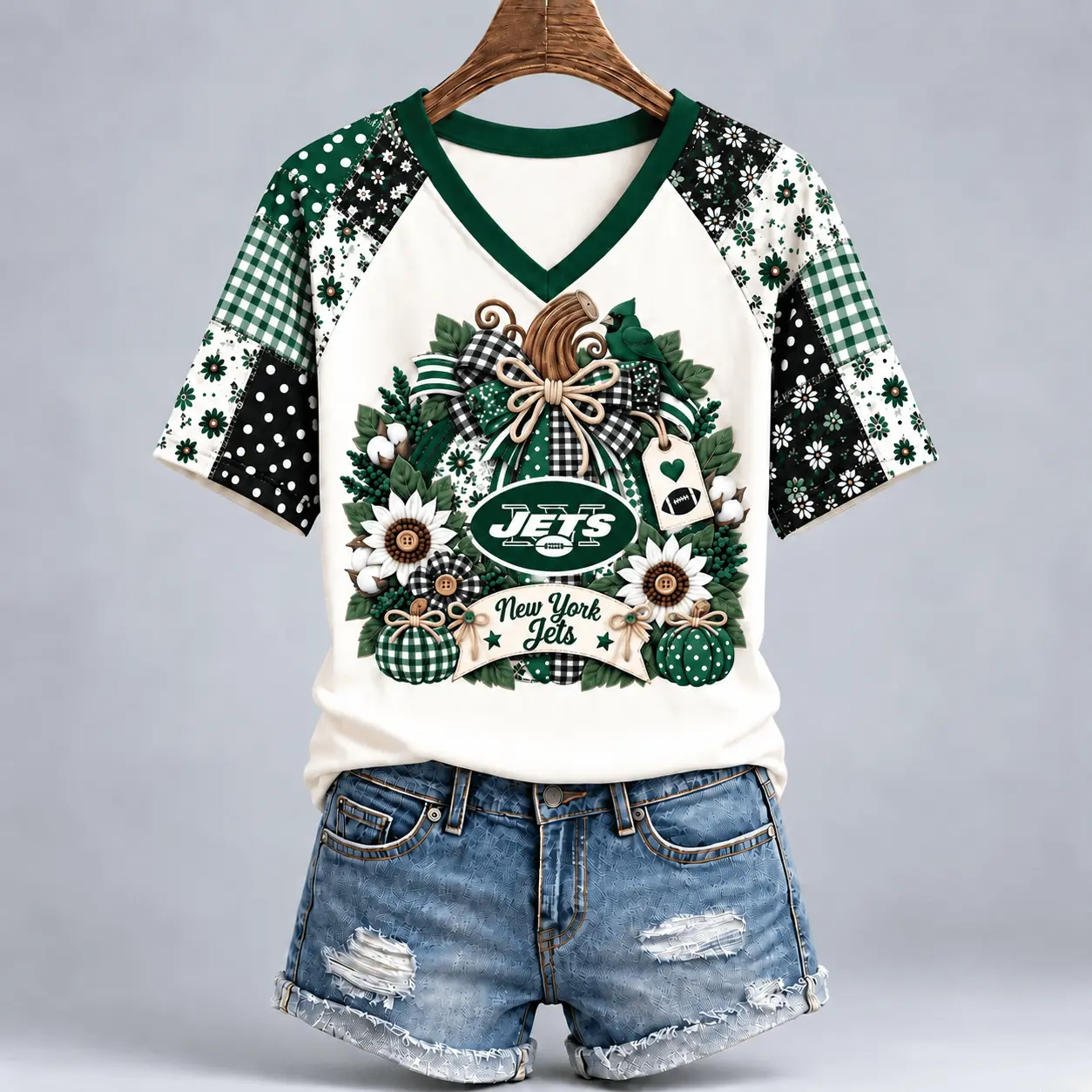 New York Jets | Premium NFL Rustic Floral Bow & Pumpkin V-Neck TD