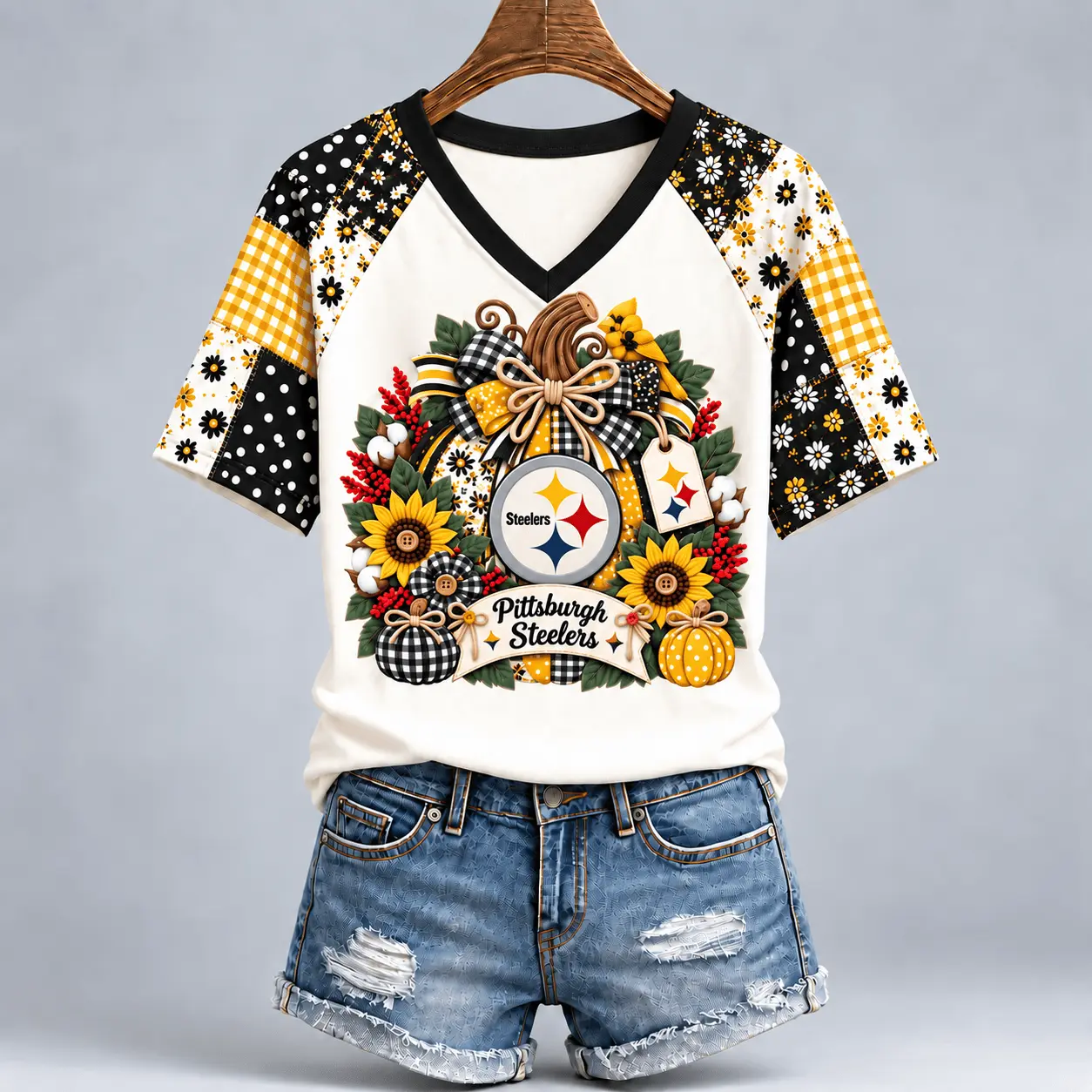 Pittsburgh Steelers | Premium NFL Rustic Floral Bow & Pumpkin V-Neck TD
