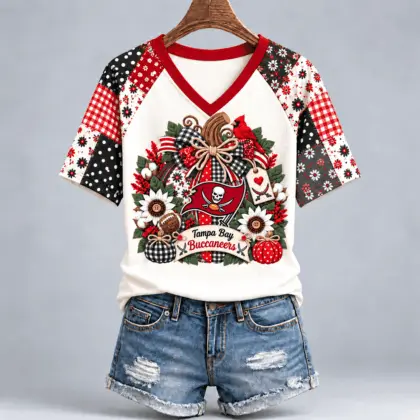 Tampa Bay Buccaneers | Premium NFL Rustic Floral Bow & Pumpkin V-Neck TD