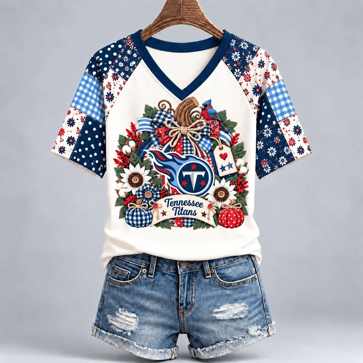 Tennessee Titans | Premium NFL Rustic Floral Bow & Pumpkin V-Neck TD