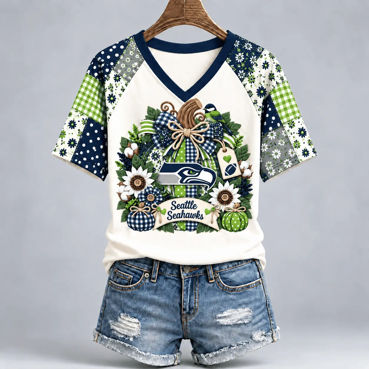Seattle Seahawks | Premium NFL Rustic Floral Bow & Pumpkin V-Neck TD