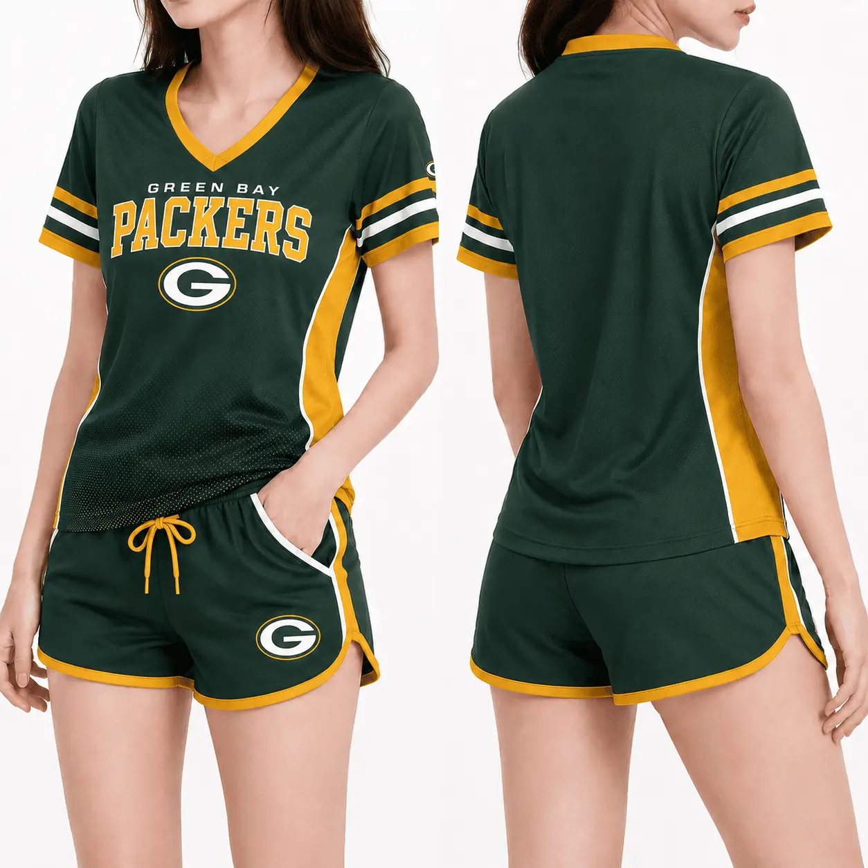 Green Bay Packers | Premium NFL Women's Gridiron Comfort V-neck & Short Set NTD - Image 2