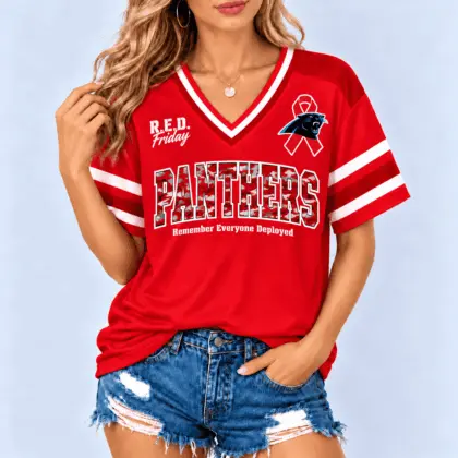Carolina Panthers | Premium NFL R.E.D. Friday Military Camo Ribbon Graphic Women's V-Neck Short Sleeve T-Shirt NDN