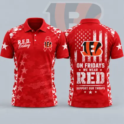 Cincinnati Bengals | Premium NFL R.E.D. Friday Patriotic Military Camo American Flag All Over Print Polo Shirt NDN