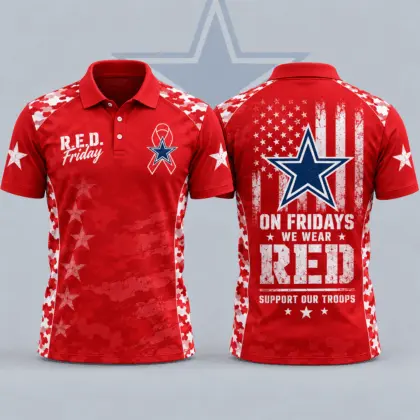 Dallas Cowboys | Premium NFL R.E.D. Friday Patriotic Military Camo American Flag All Over Print Polo Shirt NDN