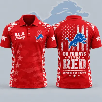 Detroit Lions | Premium NFL R.E.D. Friday Patriotic Military Camo American Flag All Over Print Polo Shirt NDN
