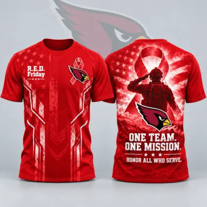 Arizona Cardinals | Premium NFL R.E.D. Friday One Team One Mission Patriotic Soldier Tribute All Over Print Crewneck T-Shirt NDN