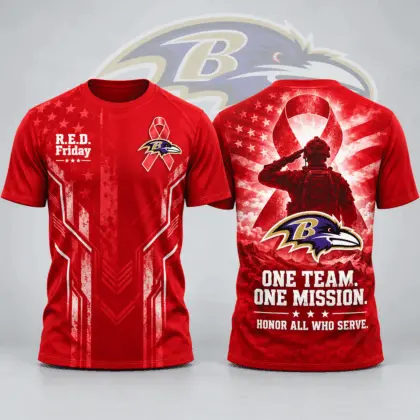 Baltimore Ravens | Premium NFL R.E.D. Friday One Team One Mission Patriotic Soldier Tribute All Over Print Crewneck T-Shirt NDN