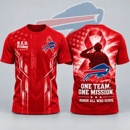 Buffalo Bills | Premium NFL R.E.D. Friday One Team One Mission Patriotic Soldier Tribute All Over Print Crewneck T-Shirt NDN