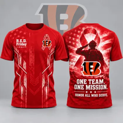 Cincinnati Bengals | Premium NFL R.E.D. Friday One Team One Mission Patriotic Soldier Tribute All Over Print Crewneck T-Shirt NDN
