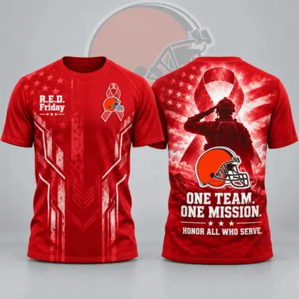 Cleveland Browns | Premium NFL R.E.D. Friday One Team One Mission Patriotic Soldier Tribute All Over Print Crewneck T-Shirt NDN