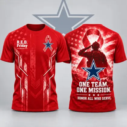 Dallas Cowboys | Premium NFL R.E.D. Friday One Team One Mission Patriotic Soldier Tribute All Over Print Crewneck T-Shirt NDN