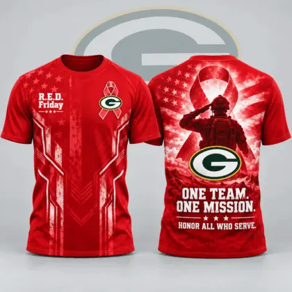 Green Bay Packers | Premium NFL R.E.D. Friday One Team One Mission Patriotic Soldier Tribute All Over Print Crewneck T-Shirt NDN