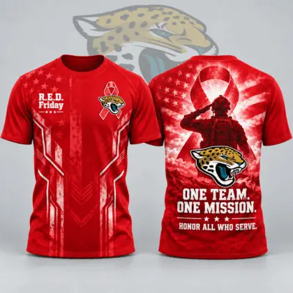 Jacksonville Jaguars | Premium NFL R.E.D. Friday One Team One Mission Patriotic Soldier Tribute All Over Print Crewneck T-Shirt NDN