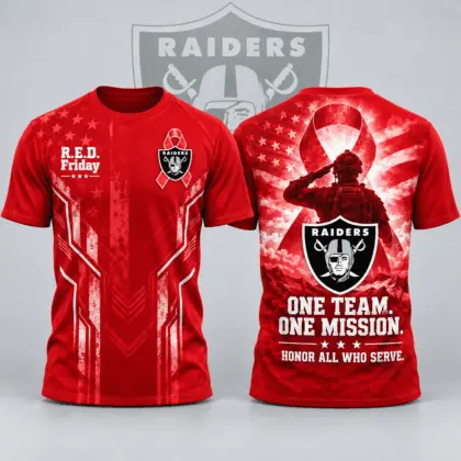 Las Vegas Raiders | Premium NFL R.E.D. Friday One Team One Mission Patriotic Soldier Tribute All Over Print Crewneck T-Shirt NDN