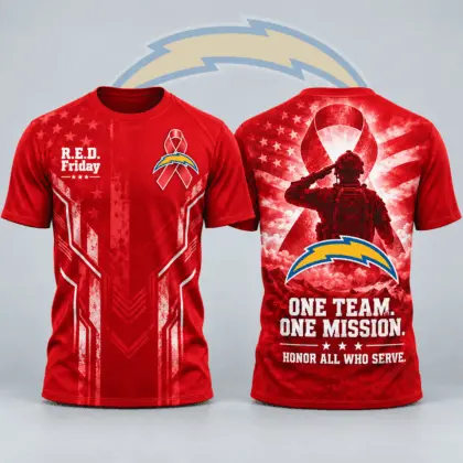 Los Angeles Chargers | Premium NFL R.E.D. Friday One Team One Mission Patriotic Soldier Tribute All Over Print Crewneck T-Shirt NDN