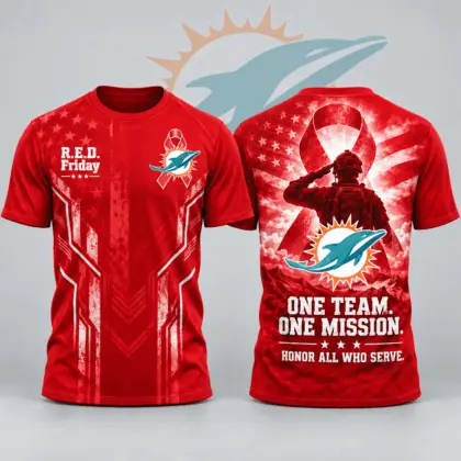 Miami Dolphins | Premium NFL R.E.D. Friday One Team One Mission Patriotic Soldier Tribute All Over Print Crewneck T-Shirt NDN