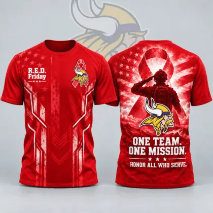 Minnesota Vikings | Premium NFL R.E.D. Friday One Team One Mission Patriotic Soldier Tribute All Over Print Crewneck T-Shirt NDN
