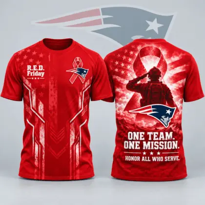 New England Patriots | Premium NFL R.E.D. Friday One Team One Mission Patriotic Soldier Tribute All Over Print Crewneck T-Shirt NDN