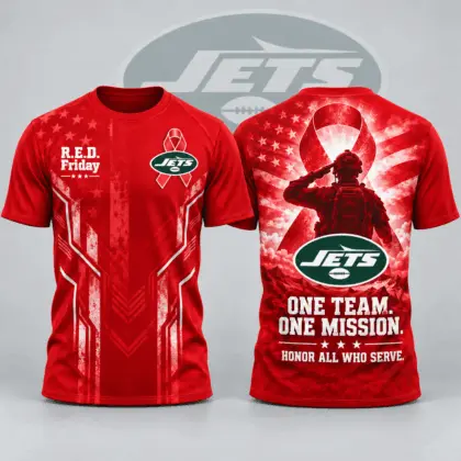 New York Jets | Premium NFL R.E.D. Friday One Team One Mission Patriotic Soldier Tribute All Over Print Crewneck T-Shirt NDN